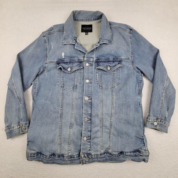 Lucky Brand Jacket Mens XL Blue Denim Distressed Button Up Trucker Los Angeles - Picture 1 of 14